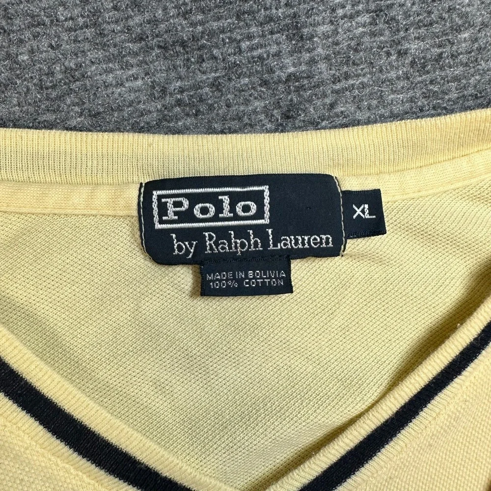 Polo Ralph Lauren Mens XL Yellow Pique V-Neck T-Shirt Navy Stripe Trim Cotton
